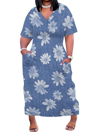 Image of SUZONANA Plus Size Denim Print Maxi Dresses for Women Casual V Neck Short Sleeve with Pockets Soft Jean Look Dress XL-6XL