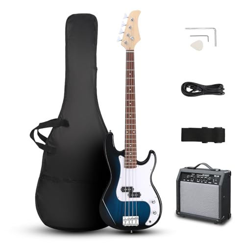 Ktaxon Electric Guitar 4 String Bass Guitar Kit with Paulownia Body, Solid Rosewood Fingerboard & Split Single-coil Pickups Includes 20W Amp, Cable, Strap, Pick and Wrench(Blue)