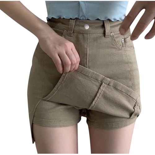 AKTCVVJ Jeans Shorts for Women Button Elastic Waist Short Jeans Lightweight Outdoor Short Pants Summer Vacation Shorts Khaki