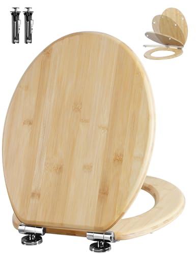 Angel Shield Toilet Seat Soft Close Bamboo O Shape with Quick Release Adjustable Hinges Never Slip Top Fixing Easy Installation and Clean for Bathroom Made of Natural Bamboo 45x37cm