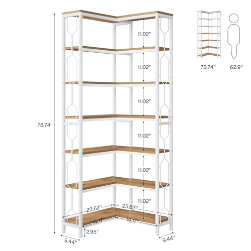 Image of Tribesigns Corner Shelf, 7-Tier Industrial Corner Bookshelf, Wood and Metal Corner Etagere Bookcase, Freestanding Display Shelf for Living Room, Kitchen, Home Office, White and Walnut