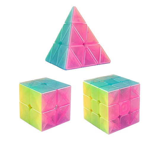 Speed Cube Set 3 Pack Qiyi Jelly Cube 2x2 Speed Cube 3 by 3 Cube Puzzle 3x3 Pyramid Triangle Cube Bundle Hand Puzzles Toys for Kids and Adults by AHYUAN