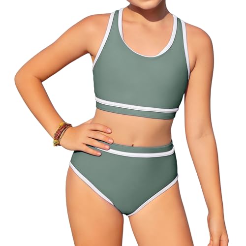 InfiniZer Mädchen Badeanzug Bikini Set Einfarbig Zweiteiliger Badeanzug mit Brustpolstern Bademode Hoch taillierter sportlicher Bikini Badeanzug (DE/NL/SE/PL, Alter, 10 Jahre, Regular, Grün)