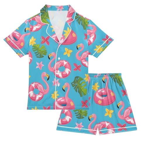 ALAZA Flamingo Blossom Palm Tree Flower Pajamas Satin Pajama Set Short Sleeve Button Down Sleepwear