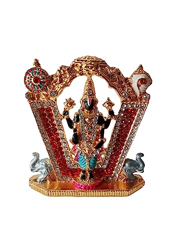 Stone studded Tirupati Balaji with Sudarshan chakra and shankh idol for Car Dashboard - 7.5 cm