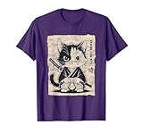 T-shirt esthétique japonais, vintage vieilli pour hommes, femmes, enfants, garçons et filles, avec un chat ninja, texte samouraï rétro Ukiyo. Idée de cadeau d'anniversaire ou de Noël parfaite pour les amoureux des chats, fille, fils, anime, manga, chats et amateurs de culture japonaise