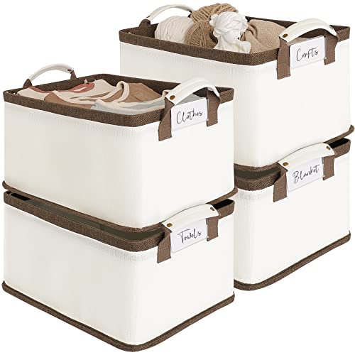 Image of LoforHoney Home Collapsible Closet Storage Bins with Metal Frames, Fabric Storage Baskets for Clothing, Shelf Baskets for Organizing, Large, Beige & Brown, 4-Pack