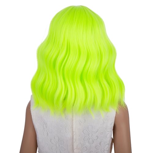Image of Lime Green Wig Short Neon Green Wavy Curly Wig with Air Bangs Heat Resistant Synthetic Wigs with Cap (Small Size)