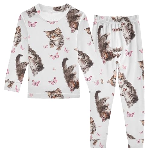 ODAWA Kittens Butterfly Pink Matching Fall Pajamas Clothing Set Cotton Clothes Fall Clothes 2T
