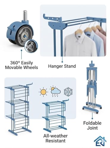 Image of 3-Tier Metal Clothes Drying Stand with 360 Rotating Wheels, Foldable Hanger Stand for Indoor and Outdoor Use, Blue