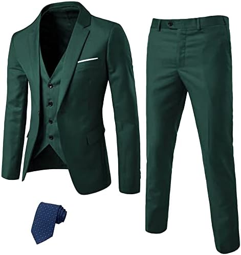 MrSure Men’s 3 Piece Suit Blazer, Slim Fit Tux with One Button, Jacket Vest Pants & Tie Set for Party, Wedding and Business Deep Green