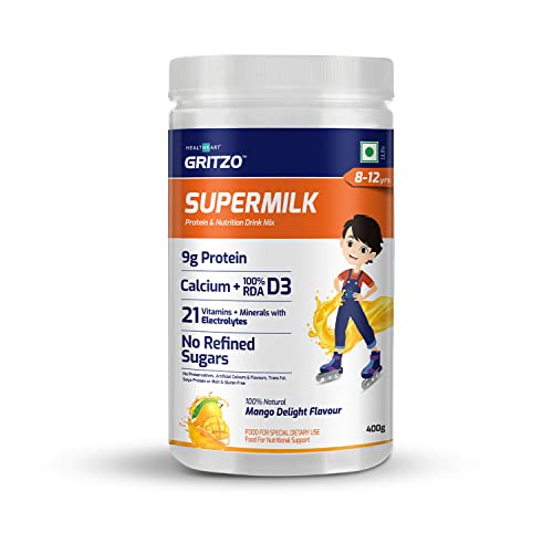 Gritzo SuperMilk 8-12 y, Health Drink for Kids, High Protein (9 g) with Calcium + D3, 21 Vitamins & Minerals, Zero Refined Sugar, 100% Natural Mango Delight, 400 g Gritzo SuperMilk 8-12 y, Health Drink for Kids, High Protein (9 g) with Calcium + D3, 21 Vitamins & Minerals, Zero Refined Sugar, 100% Natural Mango Delight, 400 g