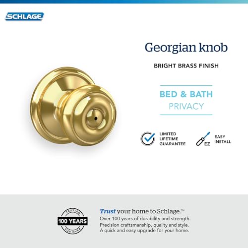 Image of Schlage F40 GEO 605 Georgian Door Knob, Bed & Bath Privacy Lock, Bright Brass