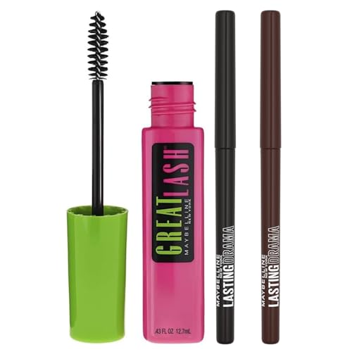 Maybelline Nueva York – Maquillaje rutinario Visión intensa: Duo Lasting Drama Eyeliner 36h Sugar & Black Out + Great Lash Mascara Blackest-Black
