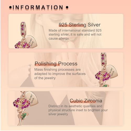 Image of S925 Sterling Silver Rose Gold Romantic Charm Pendant, Gifts for Family Friends Girlfriend, Valentine's Day Birthday Christmas Anniversary, Bracelet Necklace Bead Dangle Charm for Women Jewelry