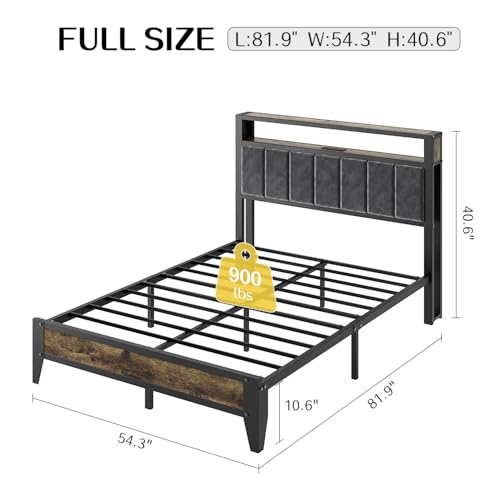 Image of OLEVS Full Size Bed Frame with Charging Station & LED Light, 2-Tier Storage Headboard & Footboard, Type C & USB Ports Metal Platform Bed, No Box Spring Needed, Easy Assembly