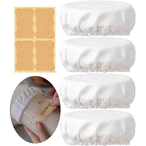 Perenllareta Sourdough Jar Cover Reusable Cloth Lid for Sour Dough Starter Jar, 4Pack Cotton Bread Fermentation Container Tops Elastic Fabric Caps for Weck Mason Kombucha Jars 3-4 Inches, White Cover