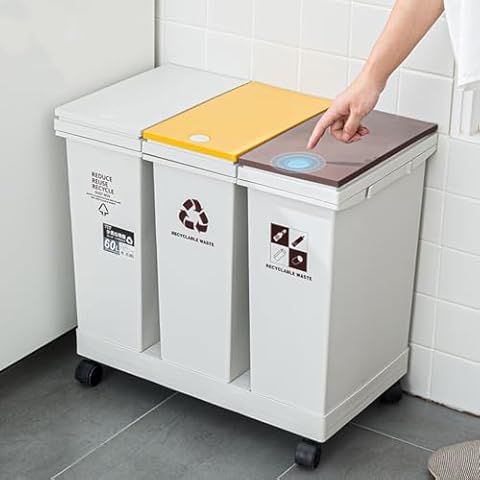 bimiti 3 Compartment Recycling Bin with Wheels Cover