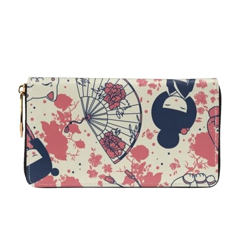 Leather Wallet For Women And Men Kokeshi Dolls Maneki Pattern Clutch Purse Wristlet Bag Credit Card Holder Wallet2