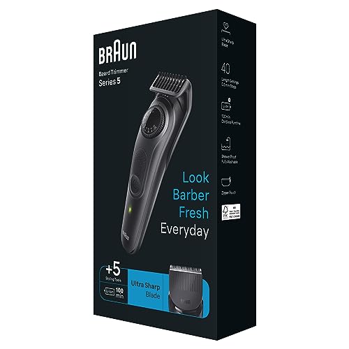 Braun Serie 5 BT5420, recortadora de barba eléctrica para hombre, con hoja ultraafilada, 40 ajustes de longitud, 100 minutos de duración inalámbrica recargable, resistente al agua