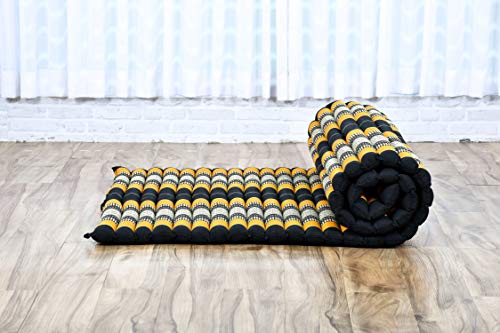 Image of Leewadee - Kapok Roll Mat - Handcrafted Folding Sleep & Relaxation Mattress from Thailand, Ideal as Guest Bed, Camping Mat, Yoga Mat or Traditional Futon, 75 x 39 inches, Black Orange