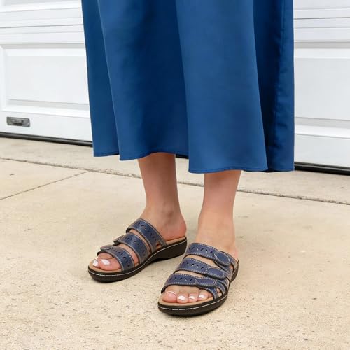 DREAM PAIRS DREAM PAIRS Women's Slide Sandals Comfortable Arch Support Casual Walking Sandals Adjustable Straps Slip On Low Wedge Flat Sandals,Size 6.5,Navy,DWUMSS2510