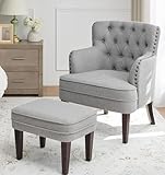 Accent Chair with Ottoman, Living Room Chair, Footrest Chair Set with Vintage Brass Studs, Button Tufted Upholstered Armchair, Comfy Reading Bedroom, Reception