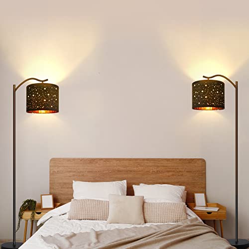Boostarea Floor Lamp For Living Room,8W Led Arched Floor Lamp,Tall Modern Standing Lamp With Bohemian Linen Shade, E26 Socket, Footswitch,Black Mid Century Floor Lamp For Bedrooms,Office,Star Shade #TOP5