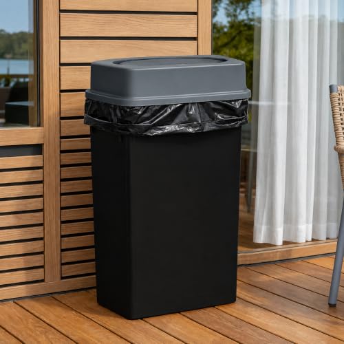 Image of PLASTIC PRINCE 23 Gallon Slim Trash Can with Swing Lid Commercial Rectangular Garbage Can with Drop Shot Lid Waste Bin with Double Flip Top for Restaurant Home Kitchen Office, Black /Gray 2 Pack