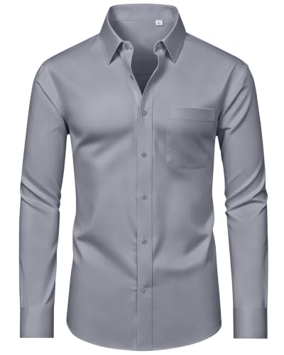 Image of Mens Shirts Long Sleeve 4-Way Stretch Business Casual Dress Grey Shirts