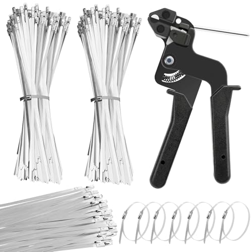 Heytimi Stainless Steel Cable Tie Gun with 200 Pcs 11.8 inch Metal Zip Ties Heavy Duty Cutting Tie Tool Self-locking Cable Tie Gun Kit for Fastening and Cutting Fence Exhaust Pipe Outdoor (11.8'')