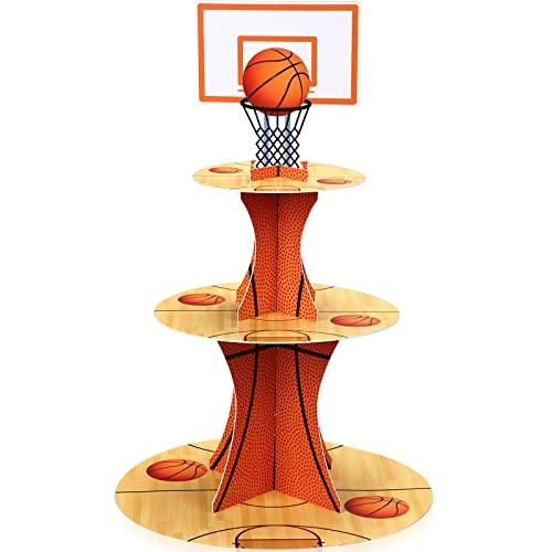 Nuenen Basketball Theme Cupcake Stand Party Decorations,3 Tier Sports Theme Party Favor Display Cupcake Holder Basketball Baseball Sports Birthday Tower Centerpieces for Table Decor Supplies
