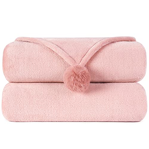 Mermaker Flanell-Fleece-Decke in voller Größe mit süßem Pompon, 203 x 228 cm, leichte Decke für alle Jahreszeiten, weiche gemütliche Mikrofaser, niedliche Überwurfdecke für Sofa, Bett, Reisen, Rosa
