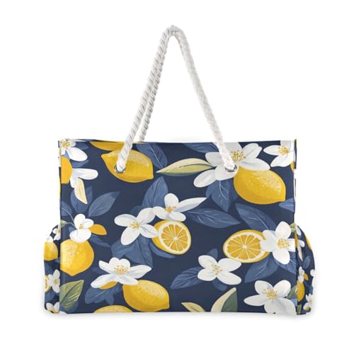 ATTX Lemon and Flowers Beach Bags for Women - Large Beach Bags with Zipper Waterproof Sandproof Swim Pool Bag Large Tote#3072