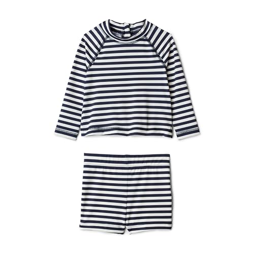 Amazon Essentials Unisex Babies x Sofia Grainge Baby Boys and Toddlers Long Sleeve Rashguard and Shorts Set Ivory Navy Even Stripe 0-3 Months