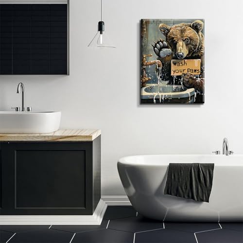 Bathroom Bear Wall Art Funny Animal Wall Decor Wash Your Paws Drawing Picture Rustic Style Poster Print Ideal Gift for Animal Lovers Suitable for Living Room Bedroom Ready to Hang (16x24in Canvas) - Image 5