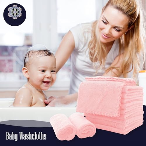 Image of 16 Pack Baby Washcloths - Luxury Coral Fleece - Extra Absorbent and Soft Wash Clothes for Newborns, Infants and Toddlers - Suitable for Sensitive Skin and New Born - Baby Shower - Pink,10x10 Inch