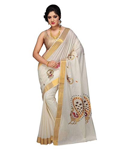 Atex Fashion Kiosks White Cotton Kasavu Saree