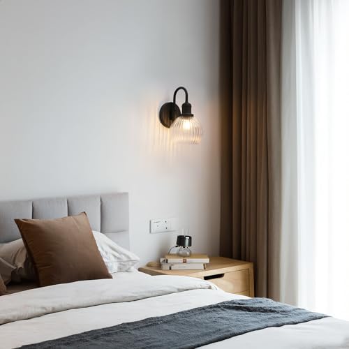 Image of Yosoan Boho Brass Vintage Bathroom Wall Sconce with Striped Shade, 1-Light Indoor Hardwired Vanity Wall Mounted Fixture with Double Hole Round Glass Lamp for Bedroom Kitchen Mirror Living Room(Black)