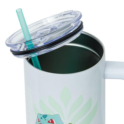 Image of Silver Buffalo Pokemon Featuring Bulbasaur Double Walled Stainless Steel Tumbler with Handle and Straw, Fits in Standard Cup Holder, 40 Ounces