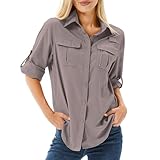 Chemisier de safari pour femme : boutons sur les bras pour convertir les manches longues en manches courtes pour les journées plus chaudes sur l'eau. Le haut décontracté boutonné pour femme dispose de deux poches pratiques sur la poitrine pour un rangement pratique et d'un nœud de suspension pour lunettes de soleil sur la poche gauche.