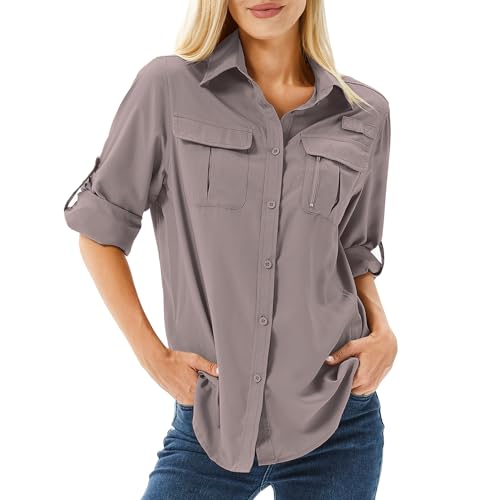 Toumett Women's UPF 50 Long Sleeve UV Sun Protection Safari Shirts Outdoor Quick Dry Fishing Hiking Travel Shirts(5071,Purple Grey,L) by Toumett - Used condition - US$32.63
