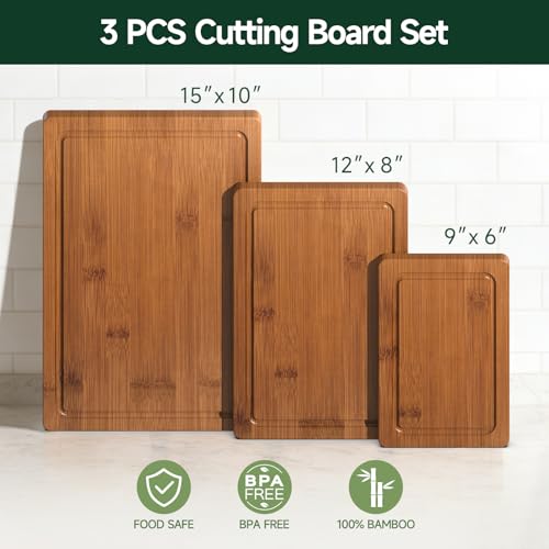 Zeawec 3-Piece Set Bamboo Cutting Board for Kitchen - Crack-Resistant Wood Chopping Boards with Deep Juice Grooves, Pre-Oiled Butcher Block for Meat, Vegetables & Cheese, Carbonized - view 1