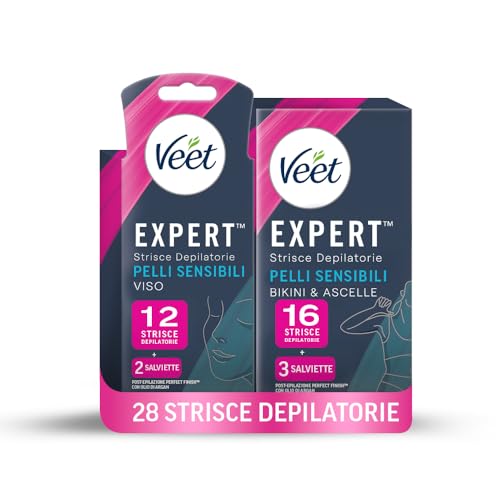 Veet Expert Strisce Depilatorie Viso, Pelli Sensibili, 12 + 16 Expert Strisce Depilatorie Ascelle e Zona Bikini, Pelli Sensibili, Dermatologicamente Testate, 28 in totale