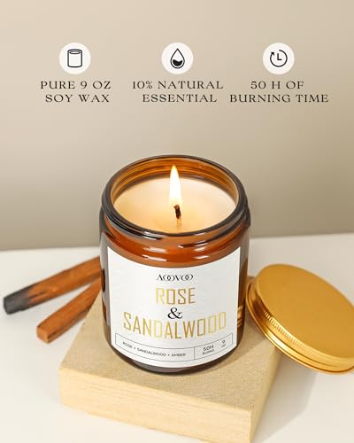 Image of AOOVOO Rose Sandalwood Candles - 9 oz Scented Candles, Aromatherapy Candle, Soy Candle for Home Scented