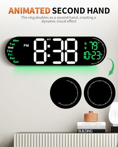 Image of 17.2 Inch Large Digital Wall Clock with 9 Color Changing Remote Control, Date Week Temperature, Auto Brightness Dimmer Big Clock Night Lights,Green