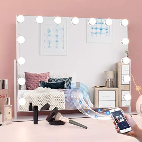 MISAVANITY Vanity Mirror with Lights and Bluetooth, 360 Degree Rotating Hollywood Lighted Makeup Mirror with 15 Dimmable LED Bulbs for Dressing Room and Bedroom (White)