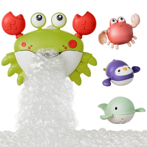 Aumotop Jouets de Bain pour bébé, Crabe à Bulles sans Moisissure avec 3 Pingouins Baleines Flottantes pour Enfants, Jouet de Douche en Matériau ABS Vert (Vert)