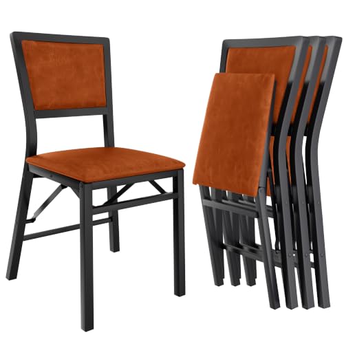 VECELO Folding Dining Chairs Set of 4, Metal Padded Foldable Seating with Comfortable Faux Leather, Space-Saving Portable Guest Seats for Kitchen & Office, No Assembly, Cognac Brown