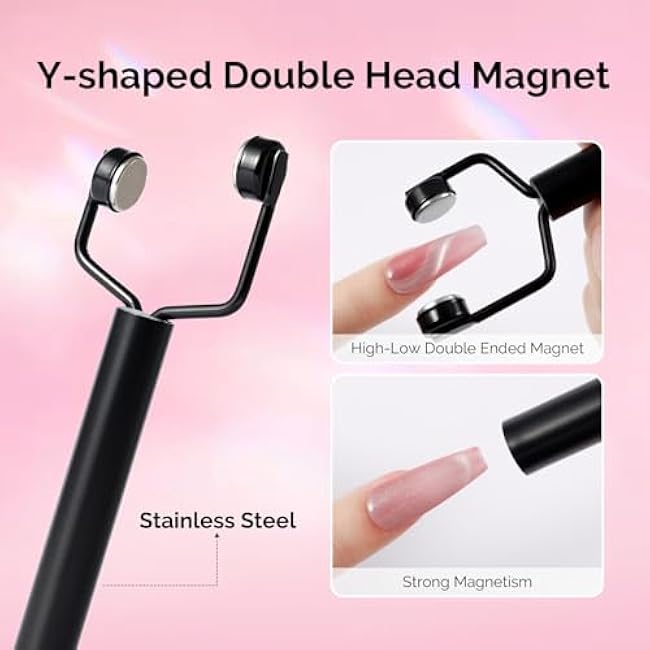 MelodySusie 3 in 1 Cat Eye Magnet Wooden Handle and 3 in 1 Y-Shaped Double Head Nail Magnet Wand Set 2PCS, Magnet Tool for Cat Eye Gel Polish, Suitable for Manicure Nail Design Salon DIY at Home-4KhpzQff
